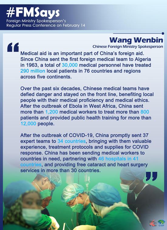 Medical aid is an important part of China's foreign aid: Chinese FM spokesperson